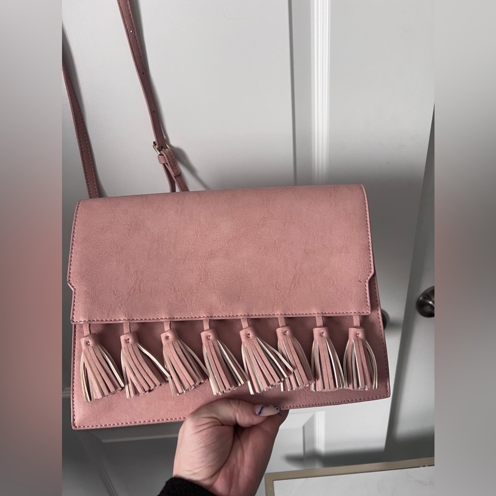 JustFab |  Rose Pink Crossbody Bag With Tassels - Picture 3 of 6